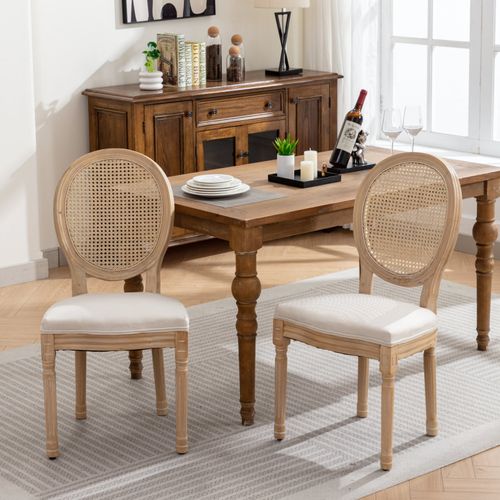 Lot De 2 Chaises De Salle à Manger Style Français En Bois, Tissu Lin Beige, Finition Patinée
