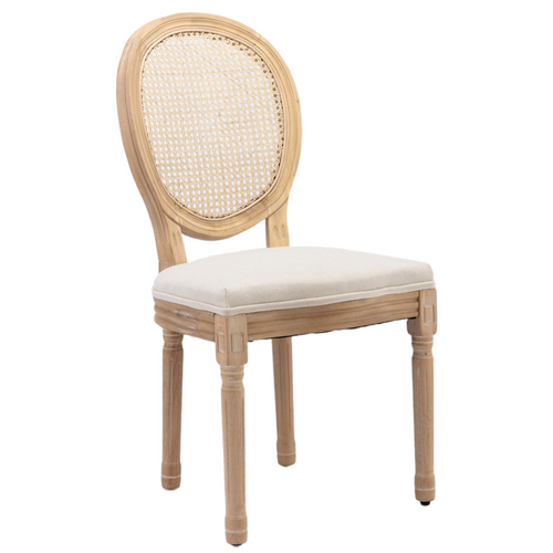 Lot De 2 Chaises De Salle à Manger Style Français En Bois, Tissu Lin Beige, Finition Patinée