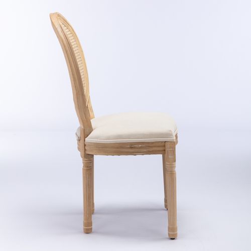 Lot De 2 Chaises De Salle à Manger Style Français En Bois, Tissu Lin Beige, Finition Patinée