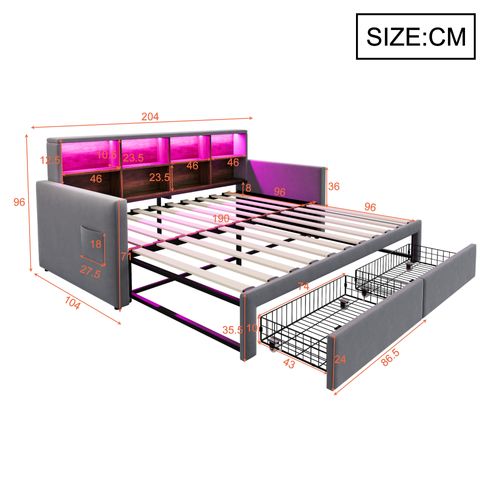 Lit Enfant Gigogne 90x190 Cm Extensible 180 Cm Avec LED, Ports USB Et Rangement, Velours Gris