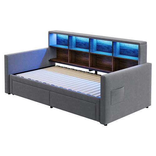 Lit Enfant Gigogne 90x190 Cm Extensible 180 Cm Avec LED, Ports USB Et Rangement, Velours Gris