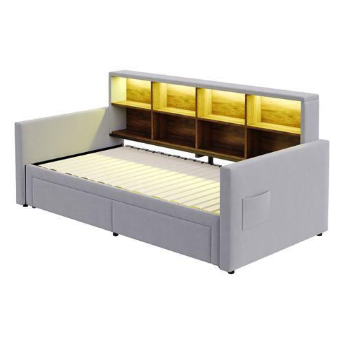 Lit Gigogne Extensible 90-180x190 Cm Velours Gris Clair Avec LED, Ports USB/type-c, 2 Tiroirs