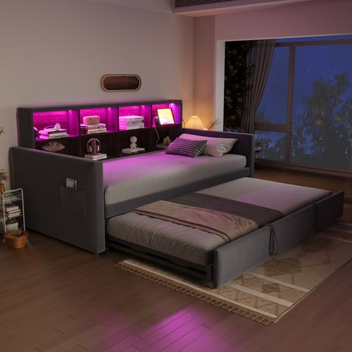 Lit Gigogne 90x190 Cm Extensible 180x190 Cm Velours Gris Avec LED, Ports USB/type-c Et Rangements