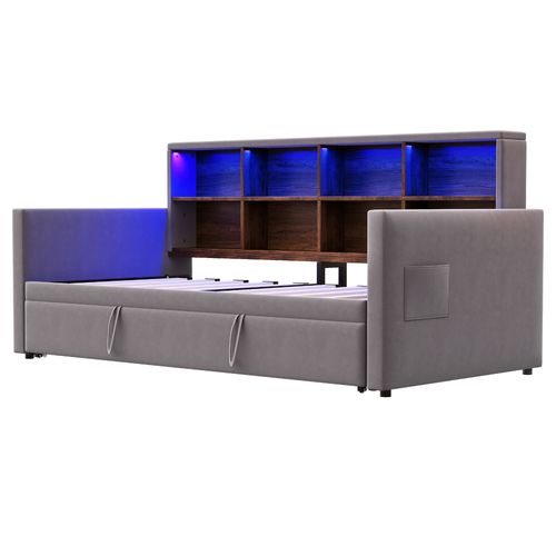 Lit Gigogne 90x190 Cm Extensible 180x190 Cm Velours Gris Avec LED, Ports USB/type-c Et Rangements