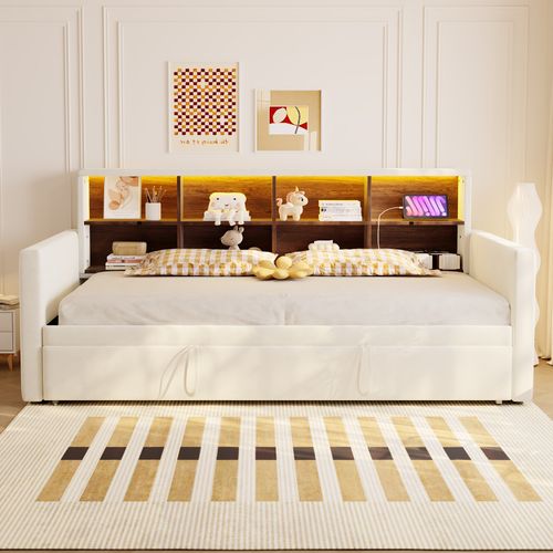 Lit Enfant Gigogne 90/180x190 Cm Velours Beige Avec LED Et Ports USB/type-c, Sommier à Lattes