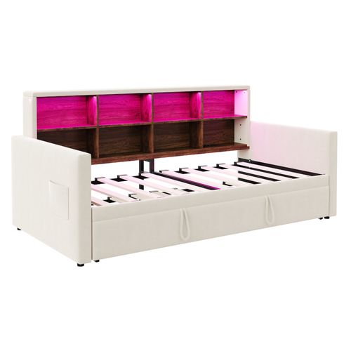 Lit Enfant Gigogne 90/180x190 Cm Velours Beige Avec LED Et Ports USB/type-c, Sommier à Lattes