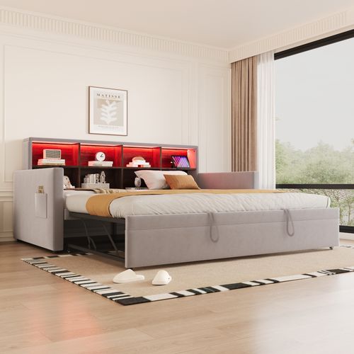 Lit Enfant 90x190 Cm Avec Lit Gigogne Velours Gris Clair, LED, Ports USB Et Rangements