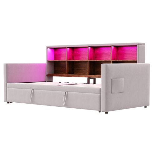 Lit Enfant 90x190 Cm Avec Lit Gigogne Velours Gris Clair, LED, Ports USB Et Rangements