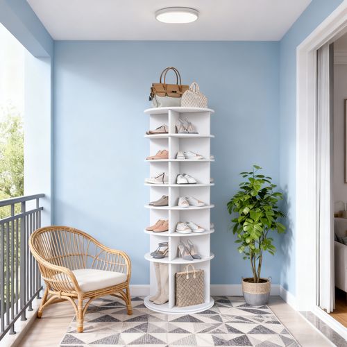 Meuble à Chaussures Pivotante 7 Niveaux 60×60×184 Cm, Blanc, Jusqu'à 28 Paires