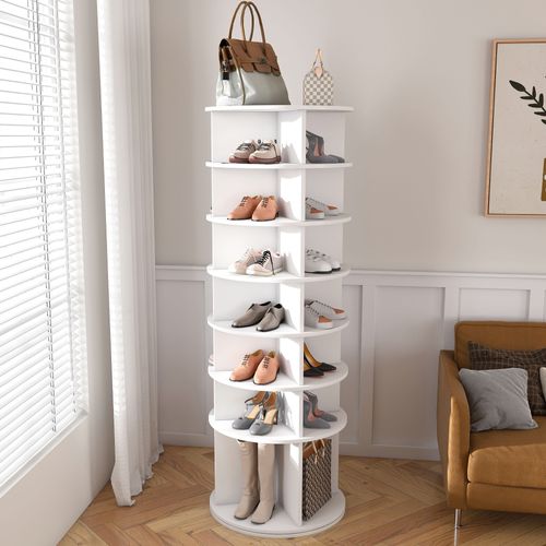 Meuble à Chaussures Pivotante 7 Niveaux 60×60×184 Cm, Blanc, Jusqu'à 28 Paires