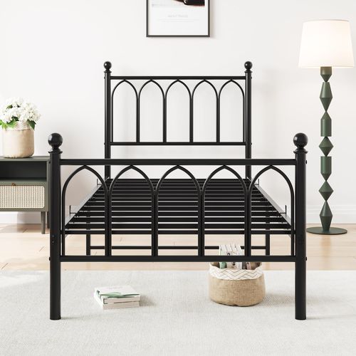 Lit Enfant 90x200 Cm Métal Noir Avec Espace Sous-lit, Tête Et Pied Hauts, Sommier à Lattes