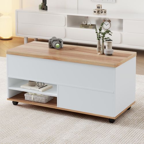 Table Basse Relevable Extensible Blanc Et Bois Naturel, Avec Rangements Et Roulettes Pour Salon