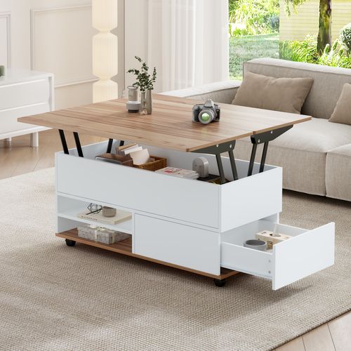 Table Basse Relevable Extensible Blanc Et Bois Naturel, Avec Rangements Et Roulettes Pour Salon