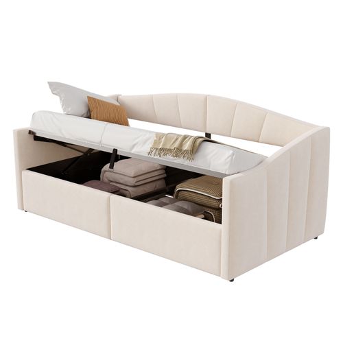 Lit Enfant 90x200 Cm Coffre Avec Rangement, Velours Beige, Sommier à Lattes
