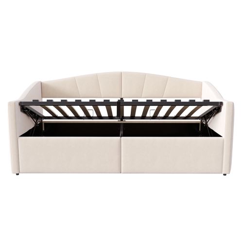 Lit Enfant 90x200 Cm Coffre Avec Rangement, Velours Beige, Sommier à Lattes