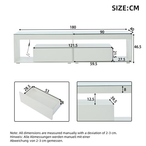 Meuble TV Blanc 180 X 40 X 46 Cm Avec LED Et 2 Tiroirs, Surface En Verre, Rangement Salon