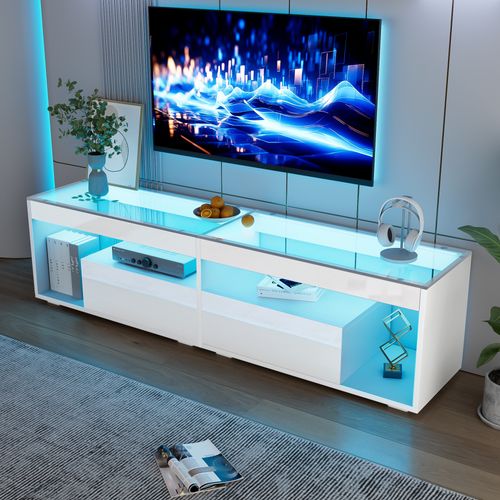 Meuble TV Blanc 180 X 40 X 46 Cm Avec LED Et 2 Tiroirs, Surface En Verre, Rangement Salon
