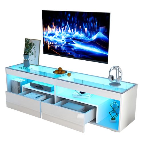 Meuble TV Blanc 180 X 40 X 46 Cm Avec LED Et 2 Tiroirs, Surface En Verre, Rangement Salon