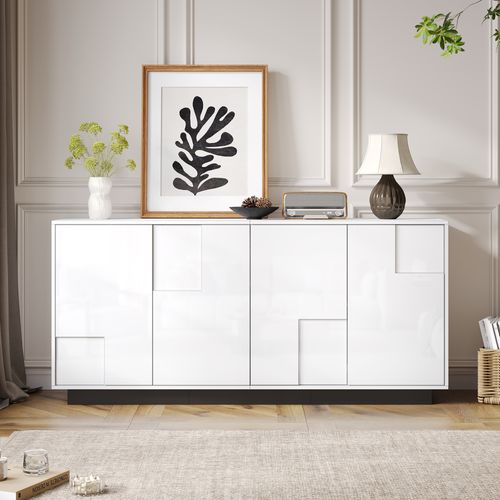 Buffet 160 X 37 X 75,5 Cm, Avec 4 Portes, Blanc Et Noir, Design Géométrique