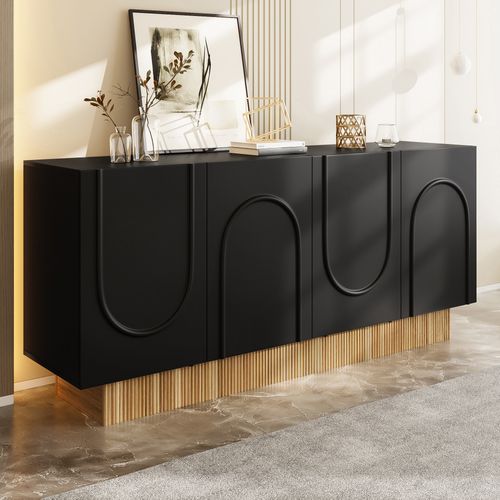 Buffet 160×75×38 Cm Avec 4 Portes Et Rangements, Design U, Finition Noir Et Bois