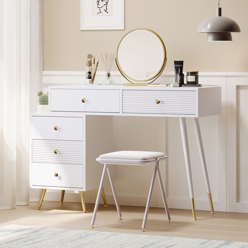 Coiffeuse Blanche Avec Miroir LED, 2 Tiroirs De Rangements, Pieds En Métal