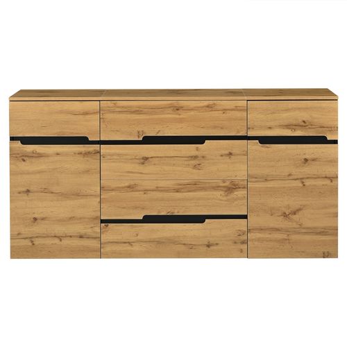 Buffet Bois Et Noir 160x40x80 Cm Avec 2 Portes Et 4 Tiroirs, Rangement Salon Et Entrée