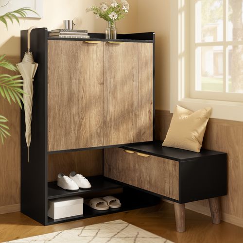 Meuble à Chaussure Avec 4 Portes Et Banc Siège Tournant Extractible, Noir Et Bois Naturel