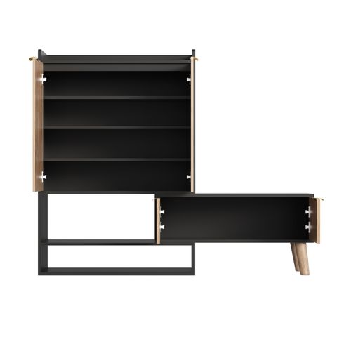 Meuble à Chaussure Avec 4 Portes Et Banc Siège Tournant Extractible, Noir Et Bois Naturel