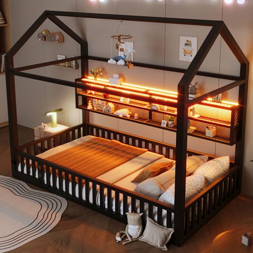 Lit Cabane Enfant 90x200 Cm Métal Noir Avec LED Et Étagères De Rangement, Petite Porte