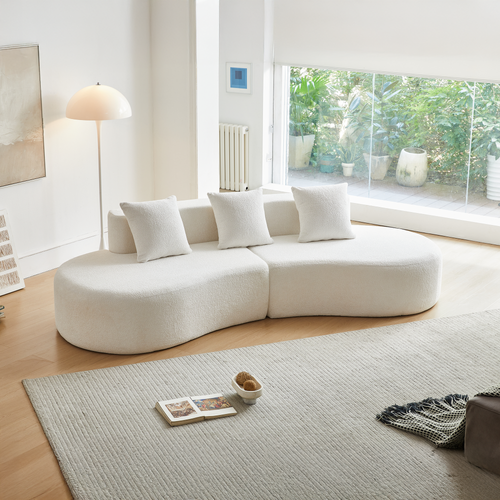 Canapé 3 Places 277x103 Cm En Velours Blanc, Design Incurvé Et Modulaire