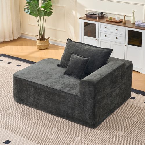 Méridienne, Chaiselongue En Chenille Noir Avec Coussin Et Poches Latérales