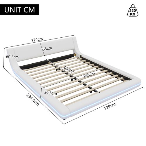 Lit Adulte 160 X 200 Cm En Pu Blanc Avec Éclairage LED Et Sommier à Lattes