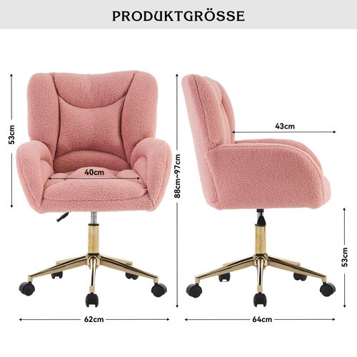 Fauteuil De Bureau Tissu Teddy Rose Pivotante Réglable Avec Roulettes Et Base Métal Doré