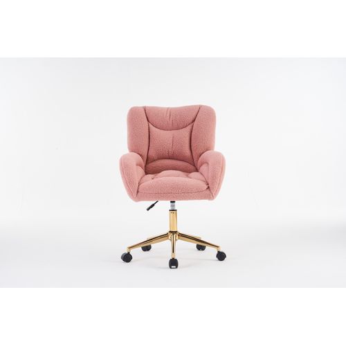 Fauteuil De Bureau Tissu Teddy Rose Pivotante Réglable Avec Roulettes Et Base Métal Doré