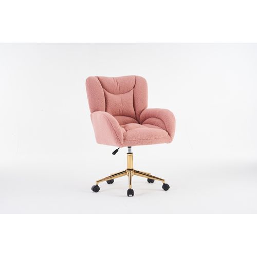 Fauteuil De Bureau Tissu Teddy Rose Pivotante Réglable Avec Roulettes Et Base Métal Doré
