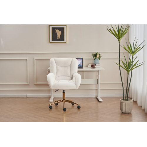 Fauteuil De Bureau Tissu Teddy Blanc Pivotante Avec Base Métal Doré Réglable Et Roulettes 360°
