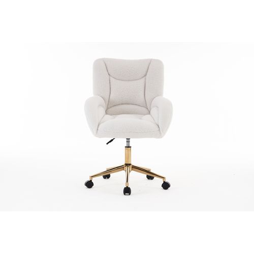Fauteuil De Bureau Tissu Teddy Blanc Pivotante Avec Base Métal Doré Réglable Et Roulettes 360°