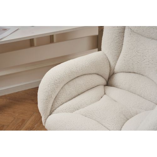 Fauteuil De Bureau Tissu Teddy Blanc Pivotante Avec Base Métal Doré Réglable Et Roulettes 360°
