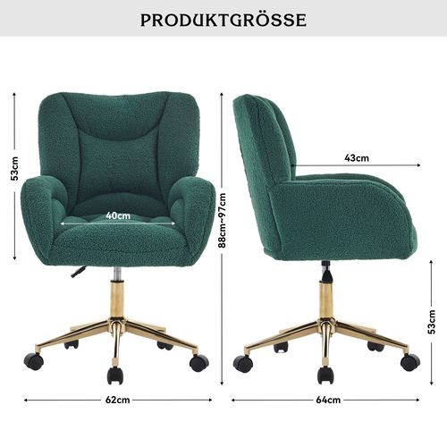 Fauteuil De Bureau Pivotante Hauteur Réglable, Tissu Teddy Vert, Base Métal Doré Et Roulettes