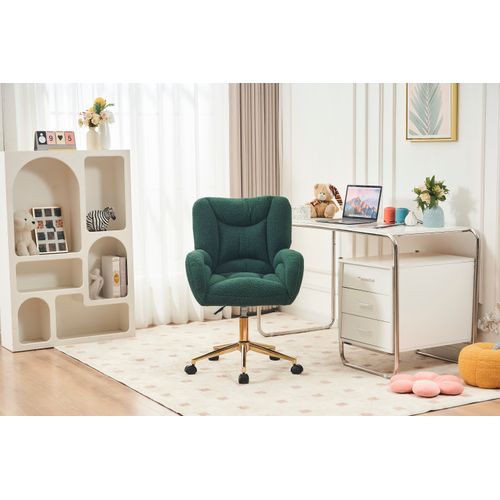 Fauteuil De Bureau Pivotante Hauteur Réglable, Tissu Teddy Vert, Base Métal Doré Et Roulettes