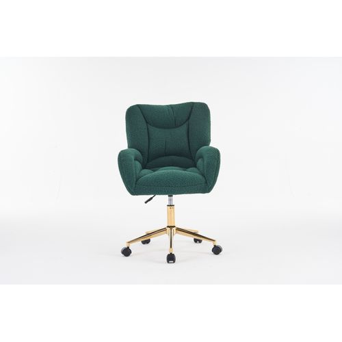 Fauteuil De Bureau Pivotante Hauteur Réglable, Tissu Teddy Vert, Base Métal Doré Et Roulettes