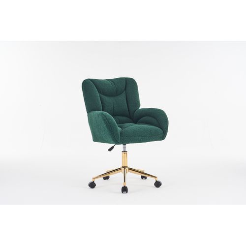 Fauteuil De Bureau Pivotante Hauteur Réglable, Tissu Teddy Vert, Base Métal Doré Et Roulettes