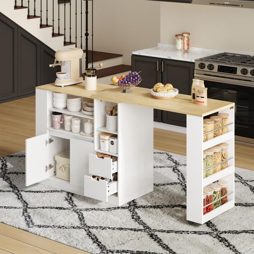 Meuble De Bar, Îlot De Cuisine Plateau Pivotant Et Extensible Avec Rangement, Blanc Et Naturel