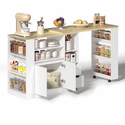 Meuble De Bar, Îlot De Cuisine Plateau Pivotant Et Extensible Avec Rangement, Blanc Et Naturel