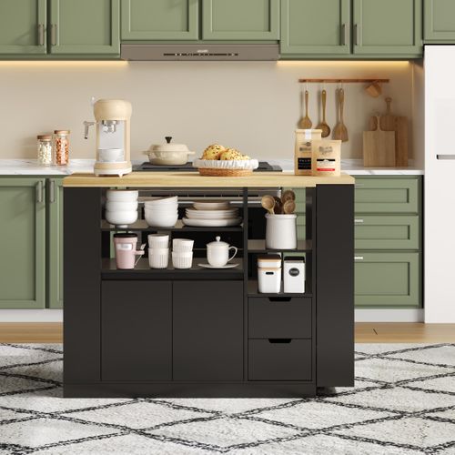 Meuble De Bar, Îlot De Cuisine Plateau Pivotant Et Extensible Avec Rangement, Noir Et Naturel