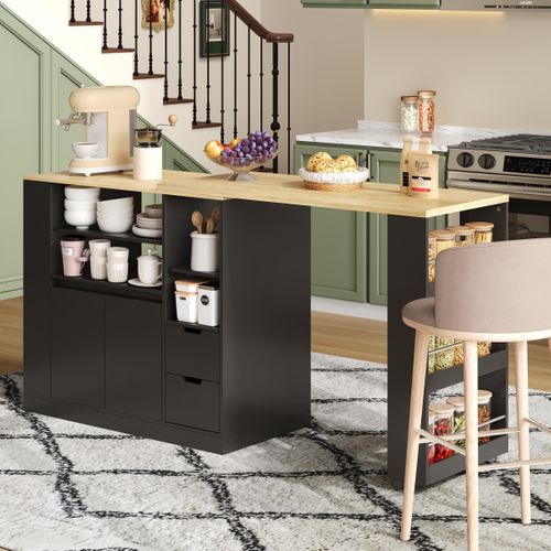 Meuble De Bar, Îlot De Cuisine Plateau Pivotant Et Extensible Avec Rangement, Noir Et Naturel