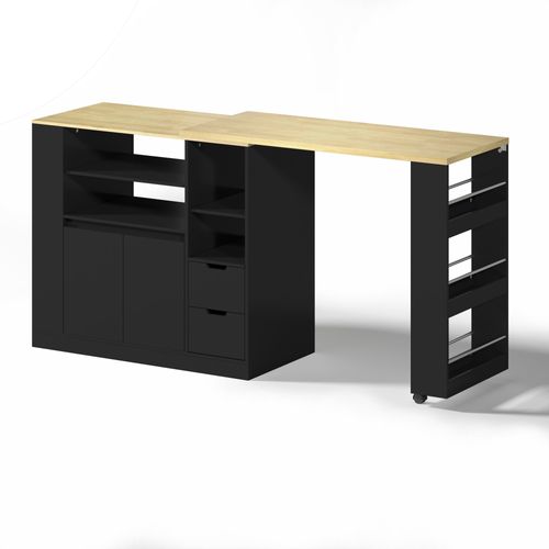 Meuble De Bar, Îlot De Cuisine Plateau Pivotant Et Extensible Avec Rangement, Noir Et Naturel