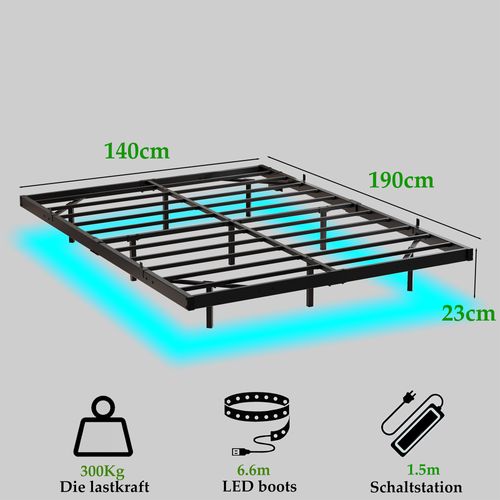 Lit Adulte 140x190 Cm Avec Éclairage LED Et Station De Charge, Métal Noir, Sommier à Lattes