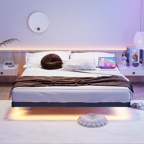 Lit Adulte 140x190 Cm Avec Éclairage LED Et Station De Charge, Métal Noir, Sommier à Lattes