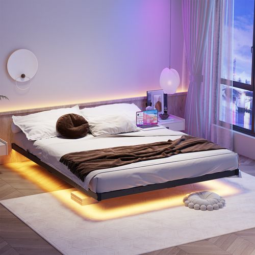 Lit Adulte 140x190 Cm Avec Éclairage LED Et Station De Charge, Métal Noir, Sommier à Lattes